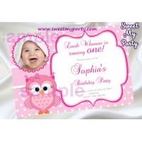 Pink Owl Birthday Party Invitation with photo,Pink Owl Birthday Party invite,(03ok)